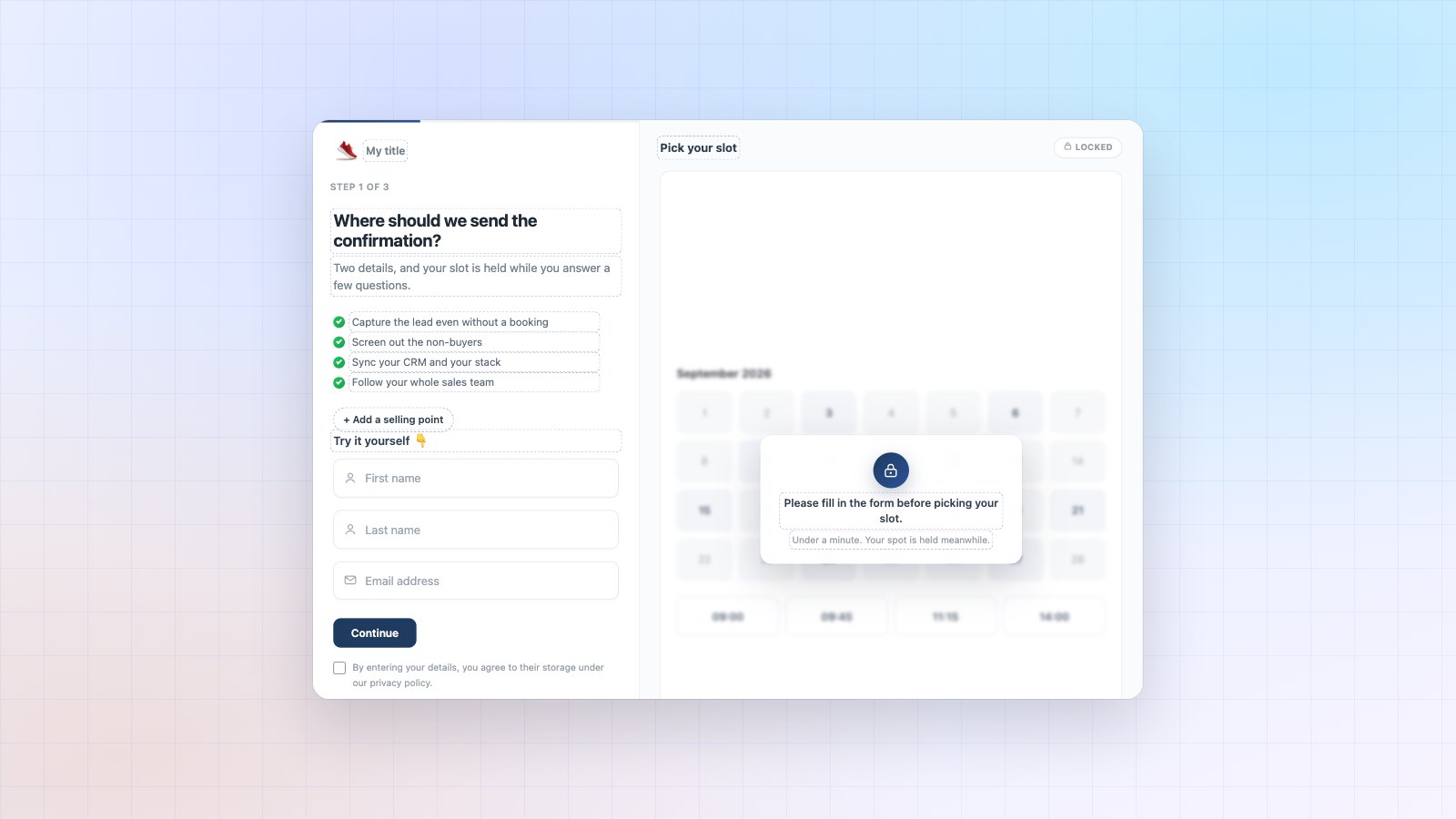 Booking Leads access screen: the visitor leaves their details before seeing the slots