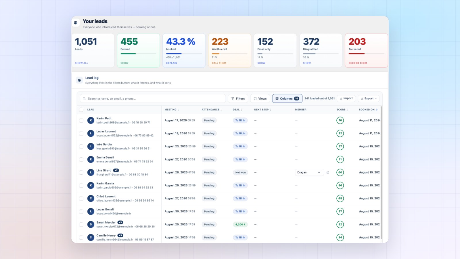 Booking Leads lead log with bookings, follow-ups and score