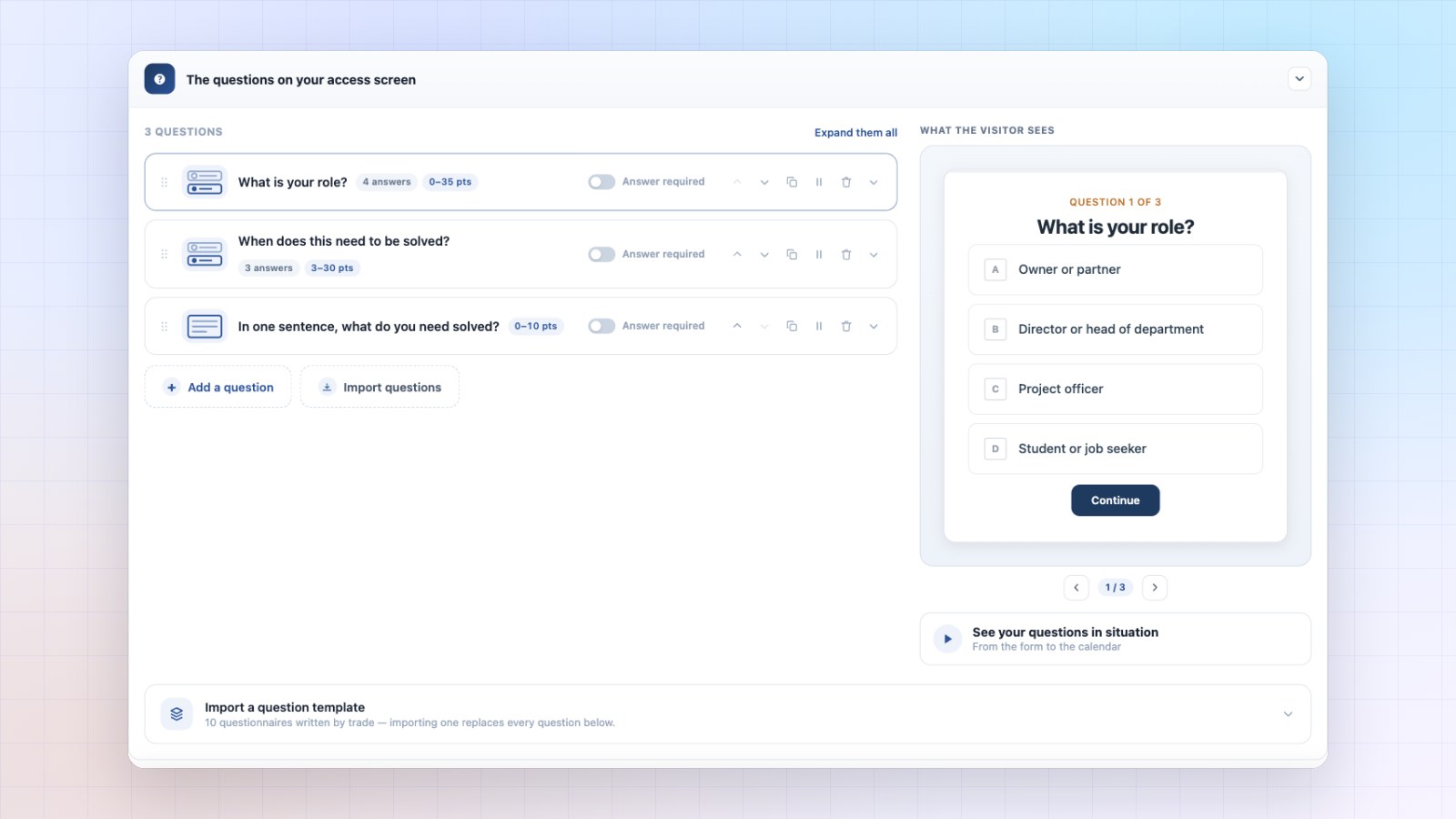 Booking Leads access screen questions with the preview the visitor sees