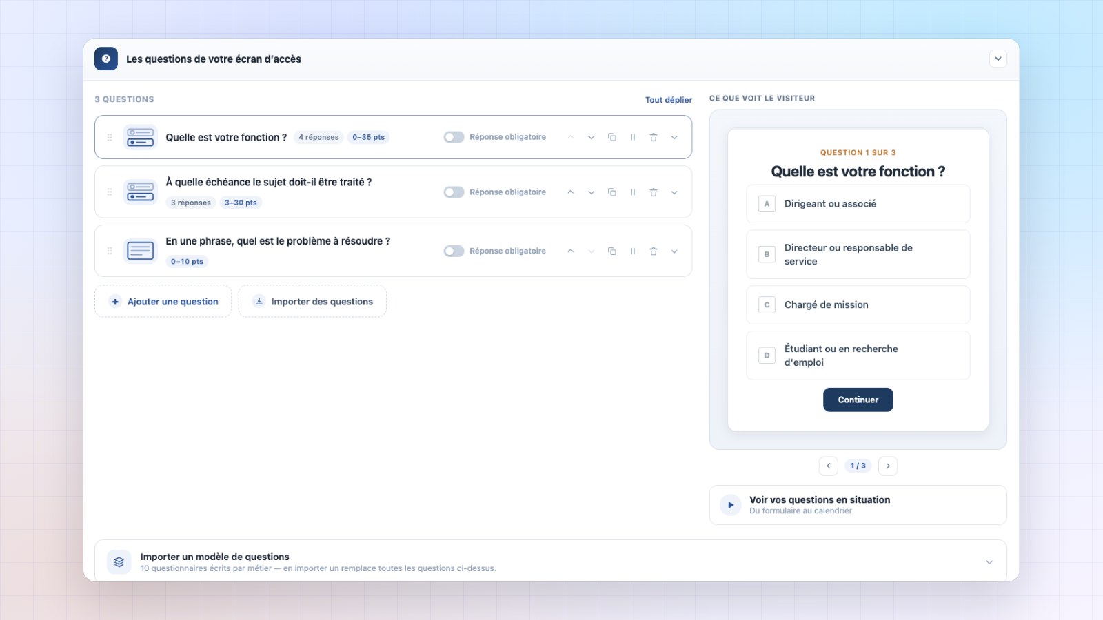 Questions de l’écran d’accès Booking Leads avec l’aperçu vu par le visiteur
