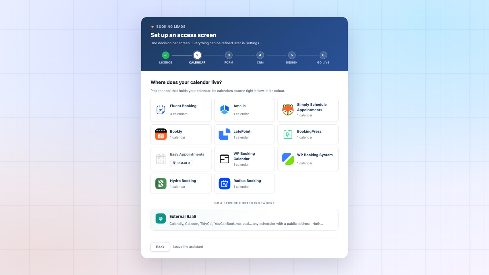 Booking Leads wizard: pick your calendar from Fluent Booking, Amelia, Bookly, LatePoint, BookingPress and hosted services