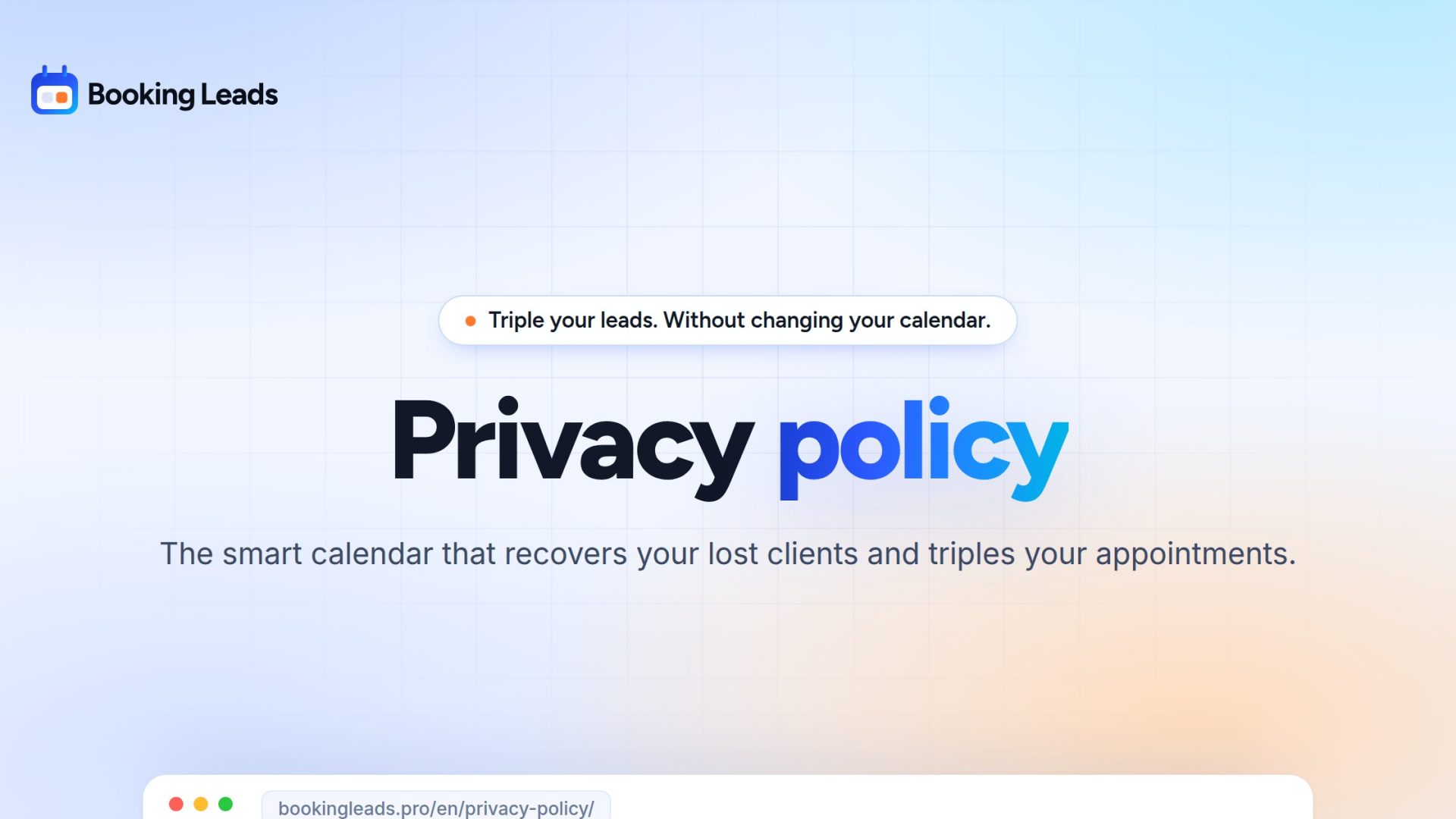 Privacy Policy · Booking Leads, the smart calendar that recovers your lost clients and triples your appointments.