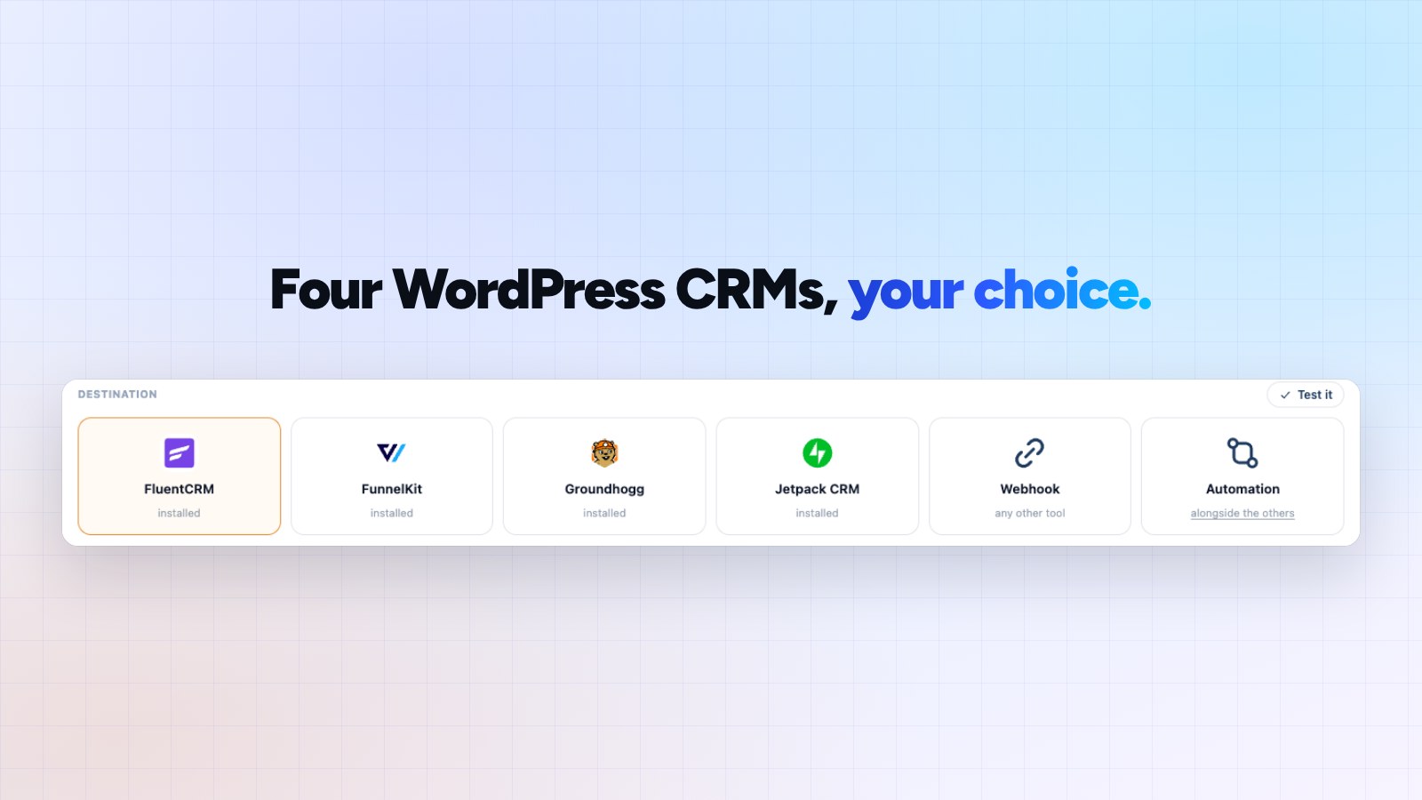 Booking Leads Destinations tab: FluentCRM, FunnelKit, Groundhogg, Jetpack CRM, Webhook and Automation tiles